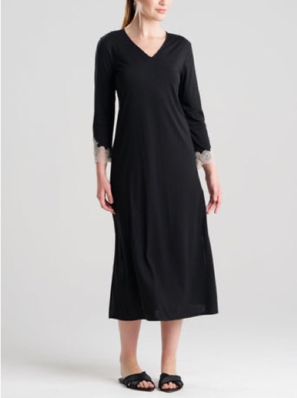 Natori Luxe Shangri-La Nightgown Modal Lace Trim Long Sleeve Black Size L